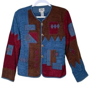 VTG 90s Koret City Blues Patchwork Jacket Button Up Abstract Artsy Fall Size M